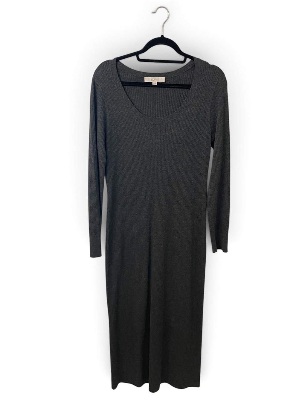 LOFT Long Sleeve Ribbed Charcoal Knit Maxi Dress, Large